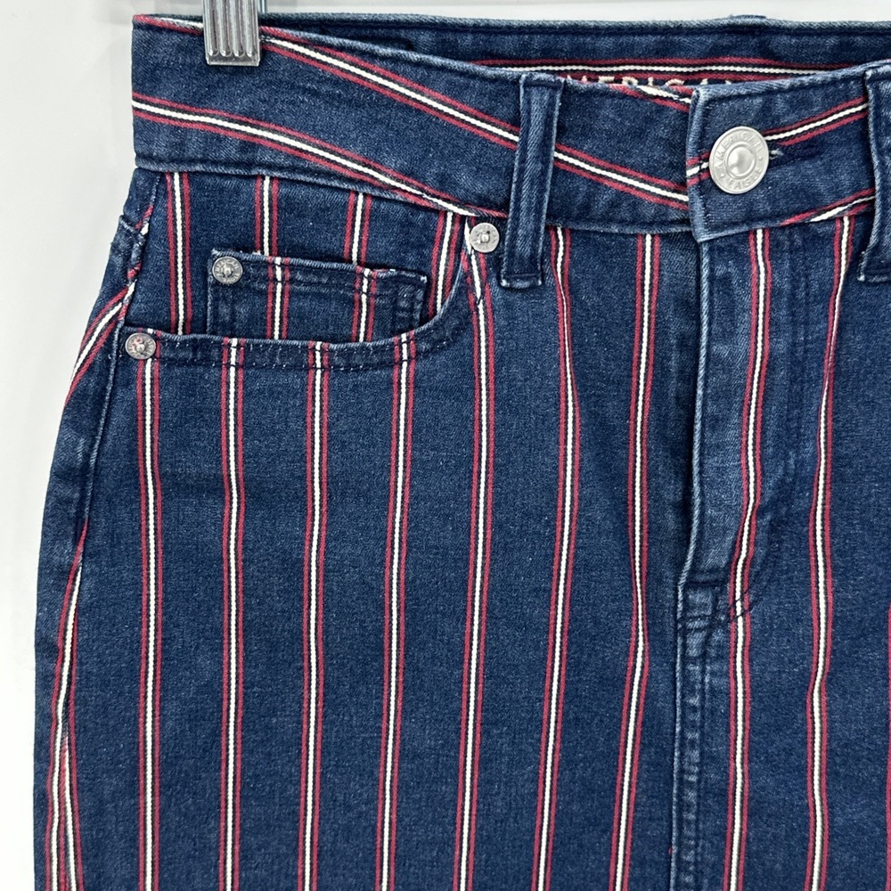 American Eagle Hi Rise Mini Denim Skirt Womens Sz 2 Blue Striped Americana 27x14 - Picture 2 of 9